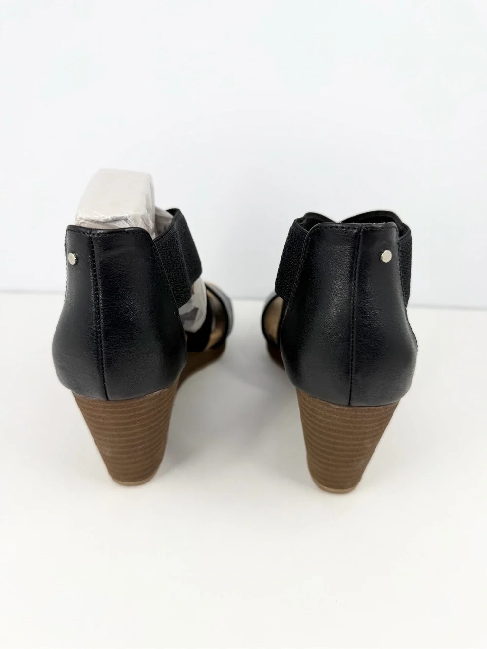 Dr. Scholls Barton-Band Wedge Sandals Black Faux Leather/Fabric Size 6M